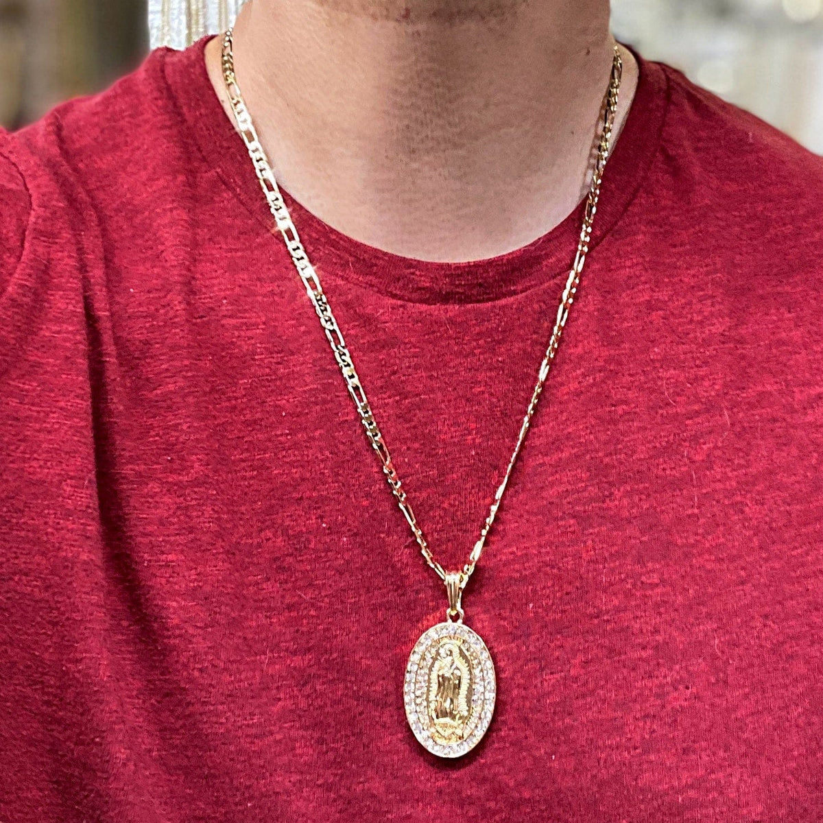 14K Gold Plated Holy Mary Necklace La Virgen De Guadalupe Pendant Cadena  Cuban Chain 24 inch x 4 mm 