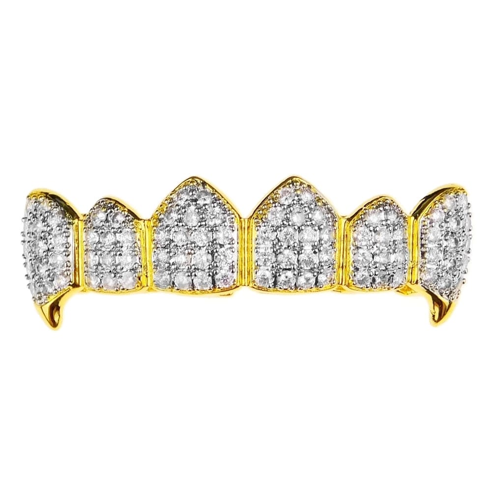 18k Gold Plated 2 Tone Cz Iced Flooded Out Top Fangs Grillz