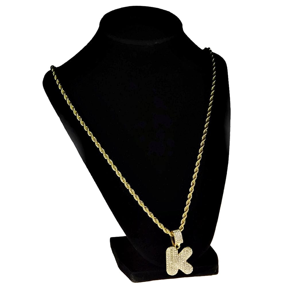 Bubble Letter K Gold Finish Rope Chain Necklace 24"