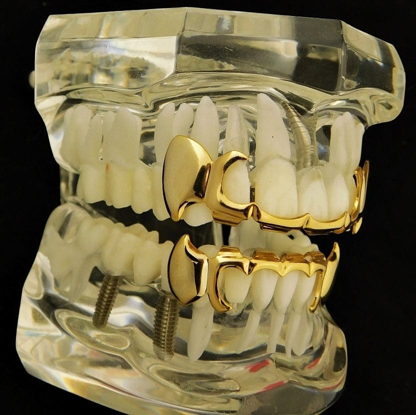 14K Gold Plated Vampire Fangs 4-Open Curved Set