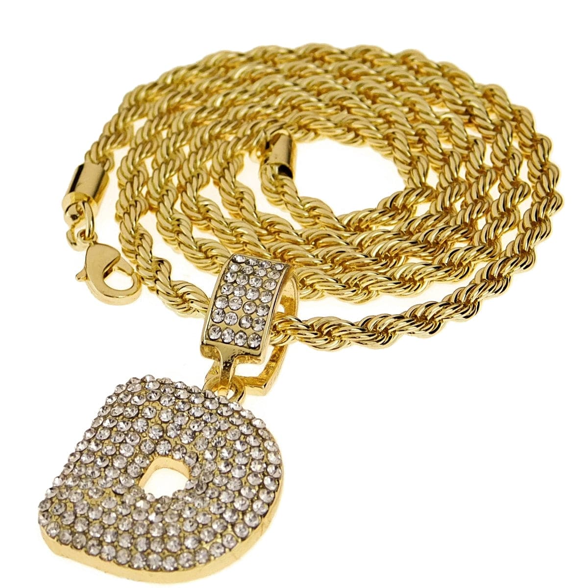 Bubble Letter D Gold Finish Rope Chain Necklace 24"