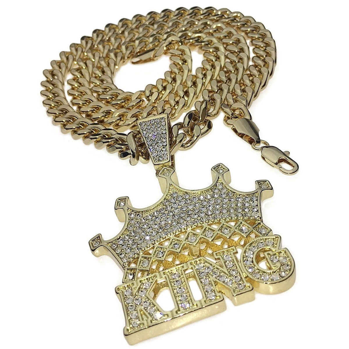 Crown King Pendant Cuban Link Chain Gold Finish Necklace 30