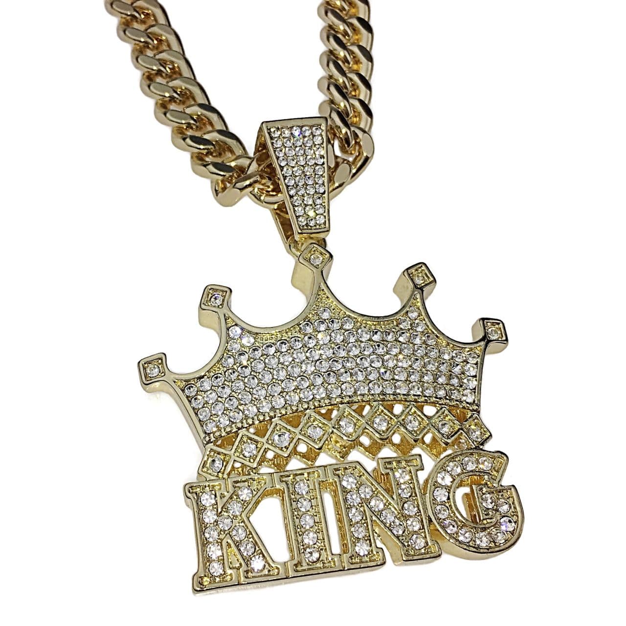 Crown King Pendant Cuban Link Chain Gold Finish Necklace 30