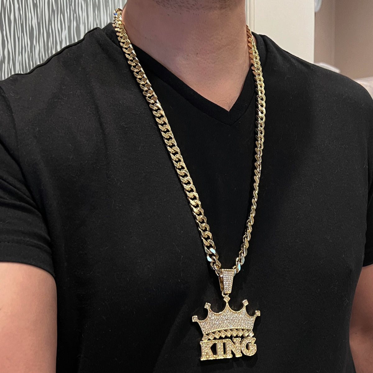 Crown King Pendant Cuban Link Chain Gold Finish Necklace 30