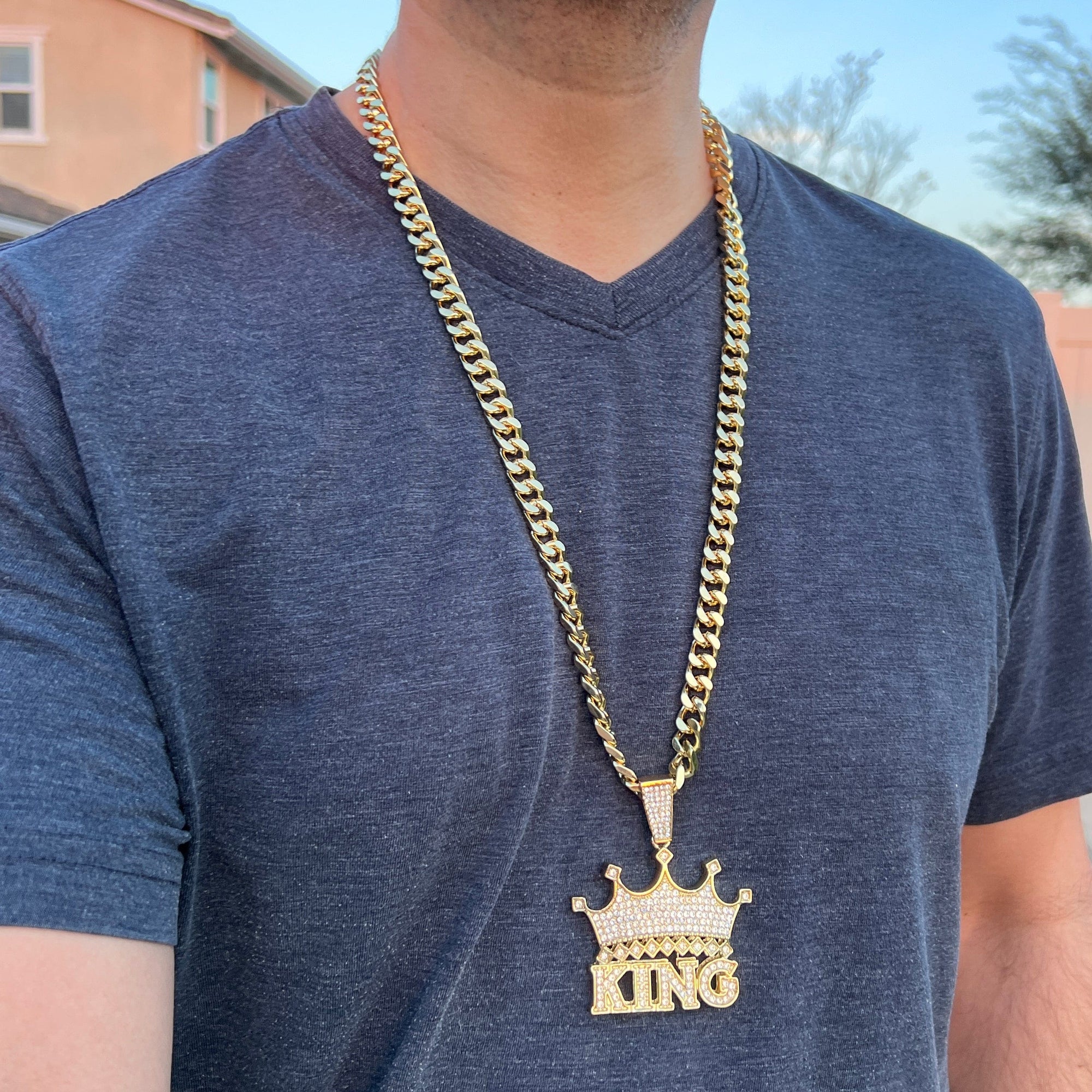 Crown King Pendant Cuban Link Chain Gold Finish Necklace 30