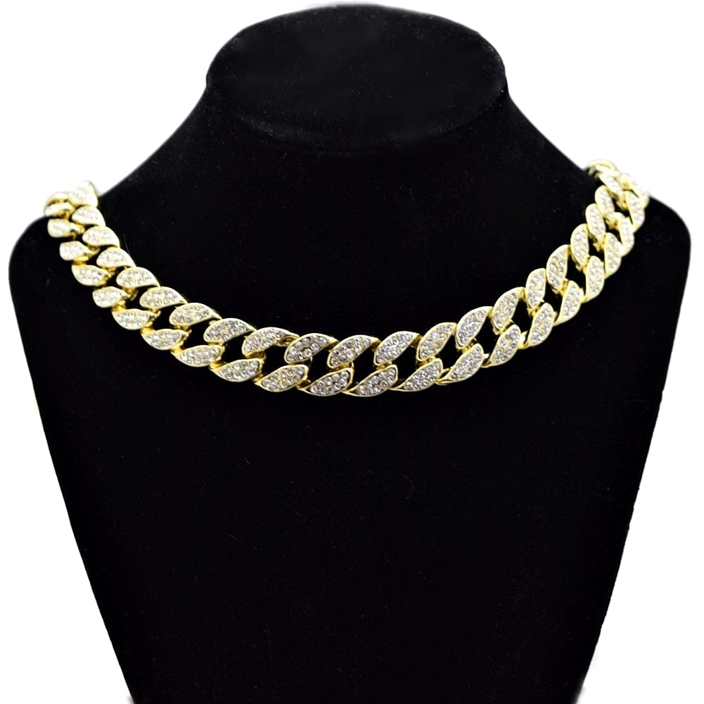 Gold Finish Cuban Link Iced Full Stone Choker Chain Necklace 18