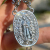 Flower Chain CZ  Rosary La Virgen De Guadalupe Silver Tone Necklace 30"