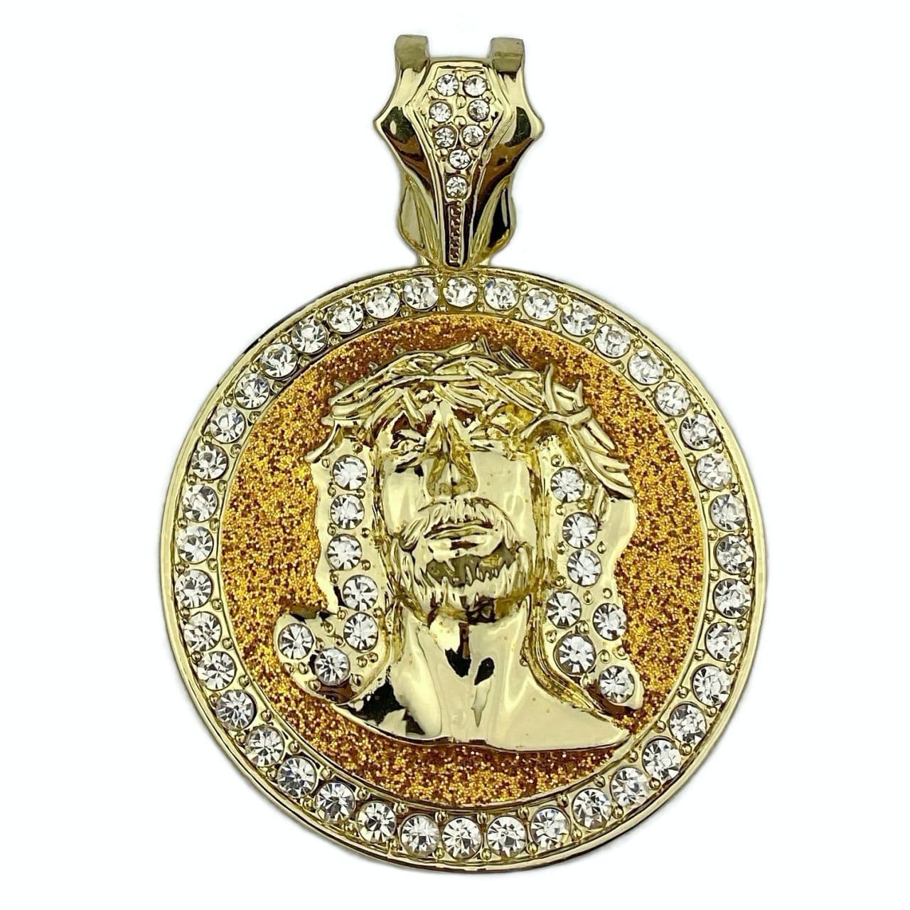 Jesus Gold Finish w/ Gold Glitter Round Coin Pendant