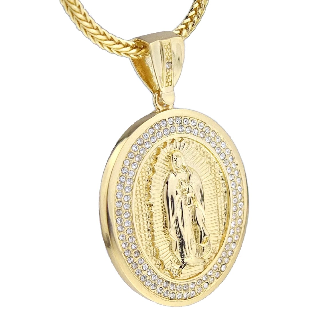 Oval La Virgen de Guadalupe Gold Finish Franco Chain Necklace 36