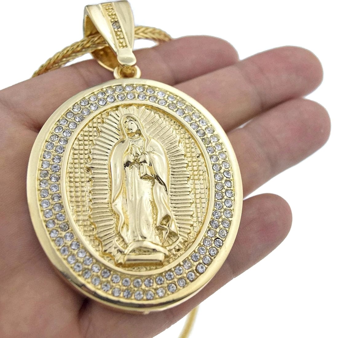 Oval La Virgen de Guadalupe Gold Finish Franco Chain Necklace 36