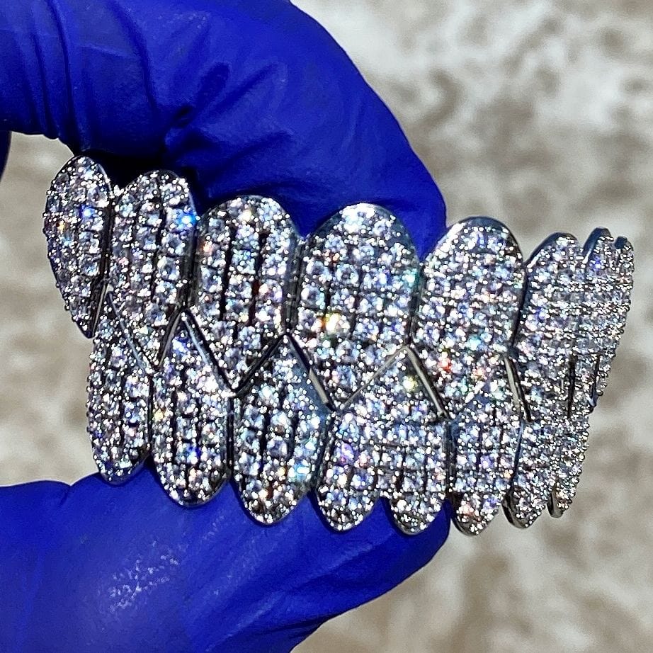 Silver Tone Shark Teeth Iced CZ Flooded Out Grillz Set