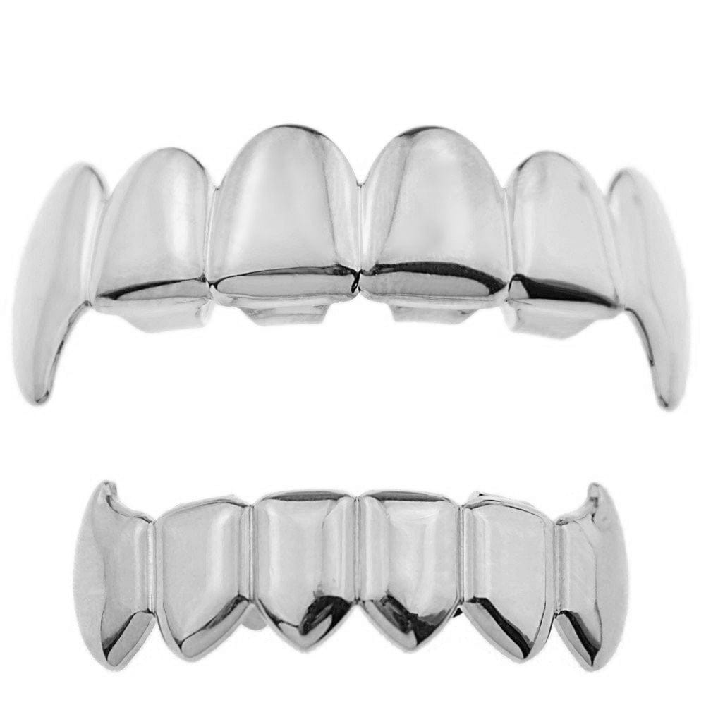 Silver Tone Vampire Teeth Full Fangs Grillz Set