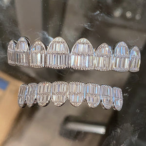 925 Sterling Silver 8 on 8 Baguette Teeth CZ Grillz Set